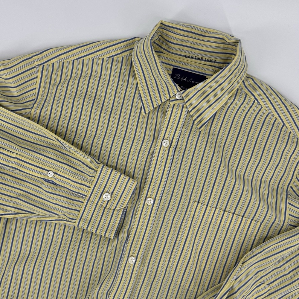 RALPH‎ LAUREN PURPLE LABEL Mens Large Yellow Blue Striped Button Up Italy Pocket